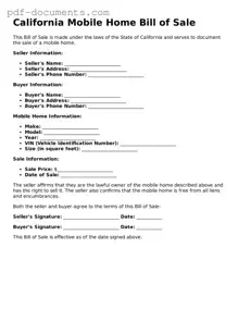 Legal Mobile Home Bill of Sale Template for the State of California