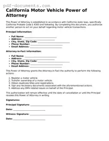 Legal Motor Vehicle Power of Attorney Template for the State of California