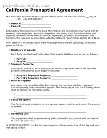 Legal Prenuptial Agreement Template for the State of California