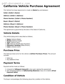 Legal Vehicle Purchase Agreement Template for the State of California