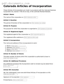 Legal Articles of Incorporation Template for the State of Colorado