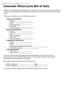 Legal Motorcycle Bill of Sale Template for the State of Colorado