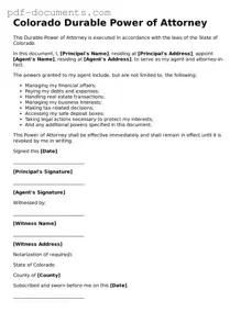 Legal Durable Power of Attorney Template for the State of Colorado