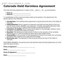 Legal Hold Harmless Agreement Template for the State of Colorado