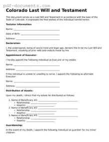 Legal Last Will and Testament Template for the State of Colorado