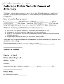 Legal Motor Vehicle Power of Attorney Template for the State of Colorado
