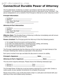 Legal Durable Power of Attorney Template for the State of Connecticut