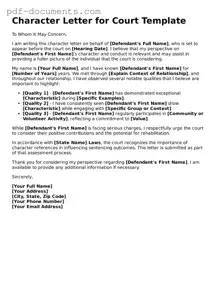 Printable Character Letter for Court Form