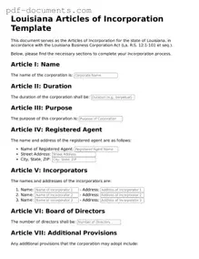Legal Articles of Incorporation Template for the State of Louisiana