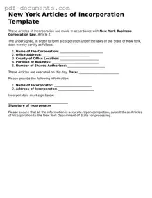 Legal Articles of Incorporation Template for the State of New York