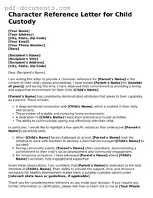 Printable Character Reference Letter for Child Custody Form