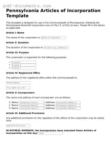 Legal Articles of Incorporation Template for the State of Pennsylvania