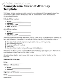 Legal Power of Attorney Template for the State of Pennsylvania