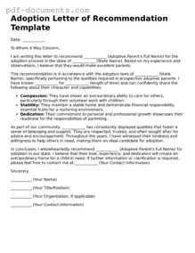 Printable Adoption Letter of Recommendation Form