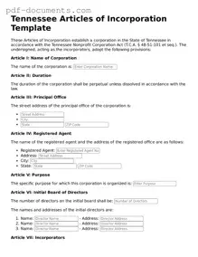 Legal Articles of Incorporation Template for the State of Tennessee