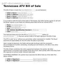 Legal ATV Bill of Sale Template for the State of Tennessee