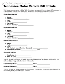 Legal Motor Vehicle Bill of Sale Template for the State of Tennessee