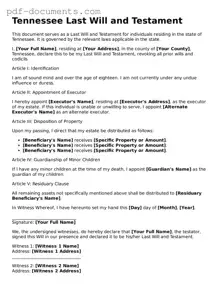 Legal Last Will and Testament Template for the State of Tennessee