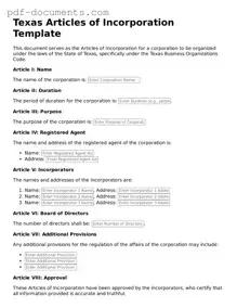Legal Articles of Incorporation Template for the State of Texas