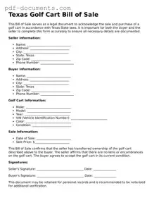 Legal Golf Cart Bill of Sale Template for the State of Texas