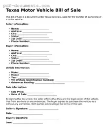 Legal Motor Vehicle Bill of Sale Template for the State of Texas