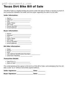Legal Dirt Bike Bill of Sale Template for the State of Texas