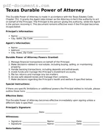Legal Durable Power of Attorney Template for the State of Texas