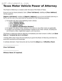 Legal Motor Vehicle Power of Attorney Template for the State of Texas