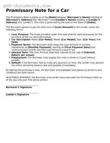 Printable Promissory Note for a Car Form
