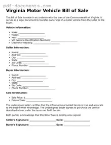 Legal Motor Vehicle Bill of Sale Template for the State of Virginia