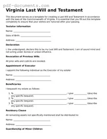 Legal Last Will and Testament Template for the State of Virginia