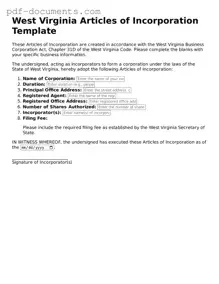 Legal Articles of Incorporation Template for the State of West Virginia