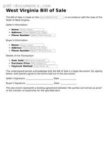 Legal Bill of Sale Template for the State of West Virginia