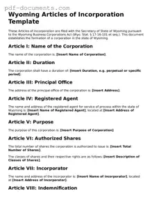 Legal Articles of Incorporation Template for the State of Wyoming