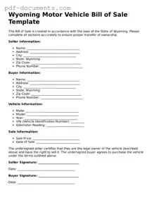 Legal Motor Vehicle Bill of Sale Template for the State of Wyoming