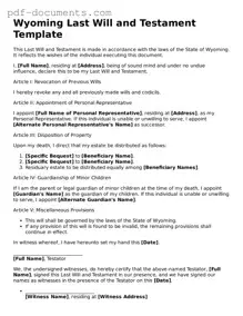 Legal Last Will and Testament Template for the State of Wyoming