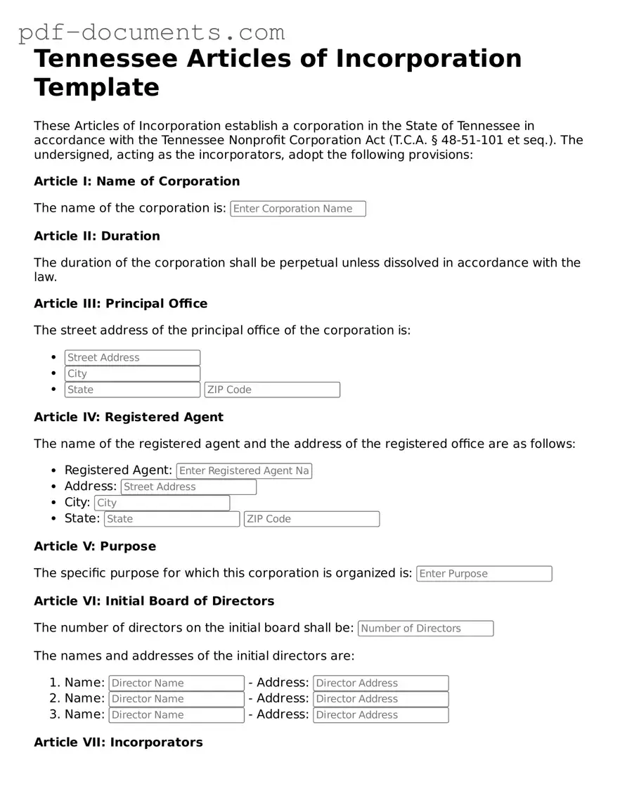Legal Articles of Incorporation Template for the State of Tennessee