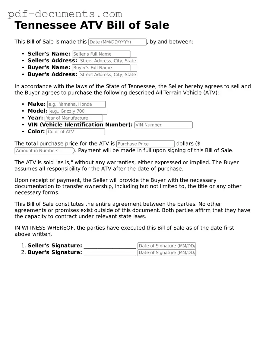 Legal ATV Bill of Sale Template for the State of Tennessee
