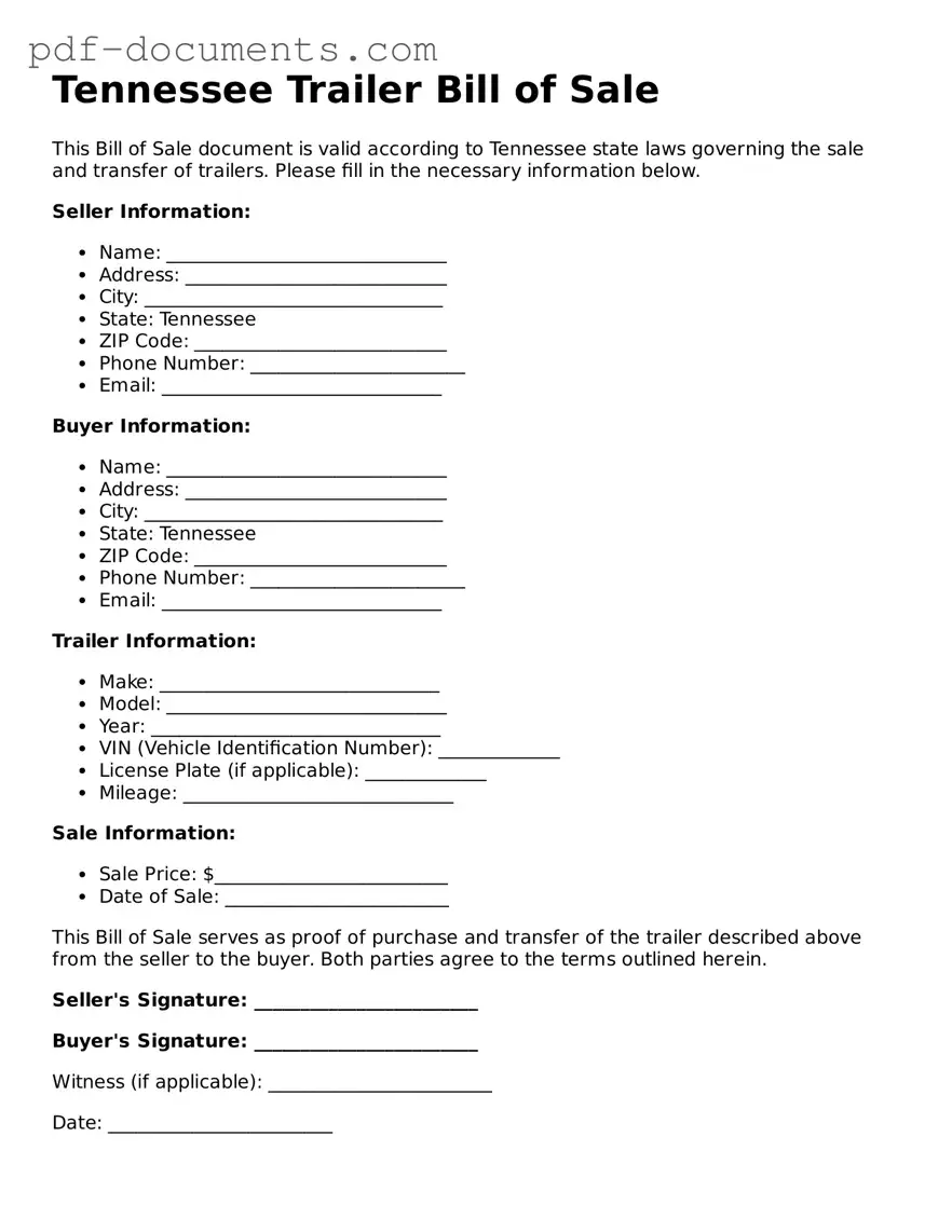 Legal Trailer Bill of Sale Template for the State of Tennessee