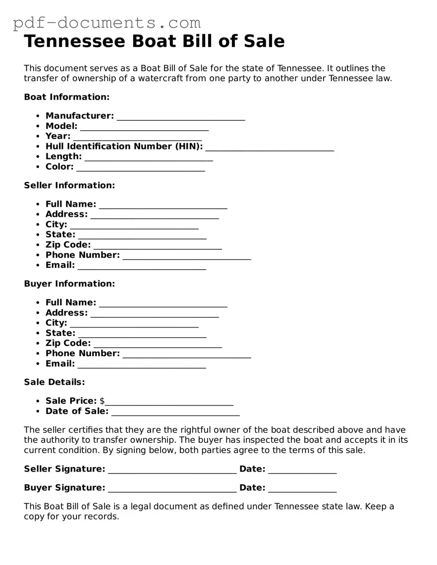 Legal Boat Bill of Sale Template for the State of Tennessee