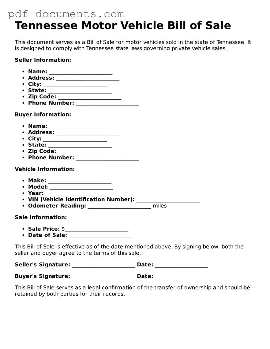 Legal Motor Vehicle Bill of Sale Template for the State of Tennessee