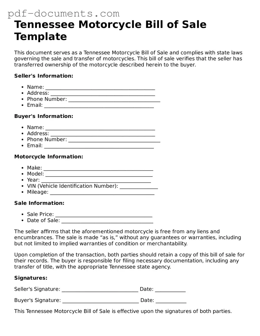 Legal Motorcycle Bill of Sale Template for the State of Tennessee