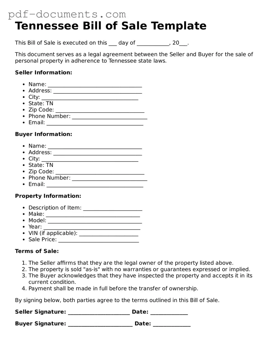 Legal Bill of Sale Template for the State of Tennessee