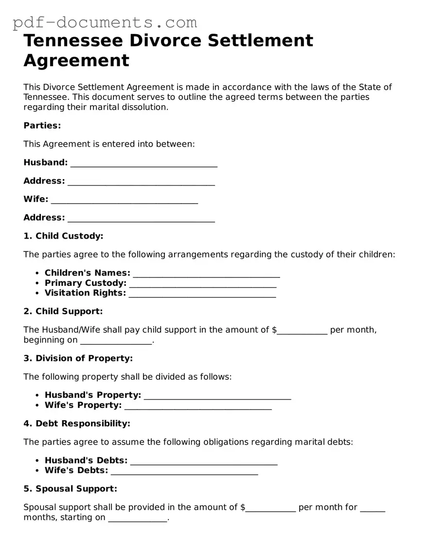 Legal Divorce Settlement Agreement Template for the State of Tennessee