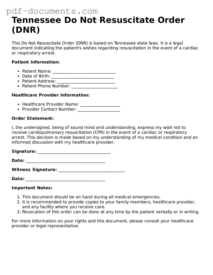 Legal Do Not Resuscitate Order Template for the State of Tennessee