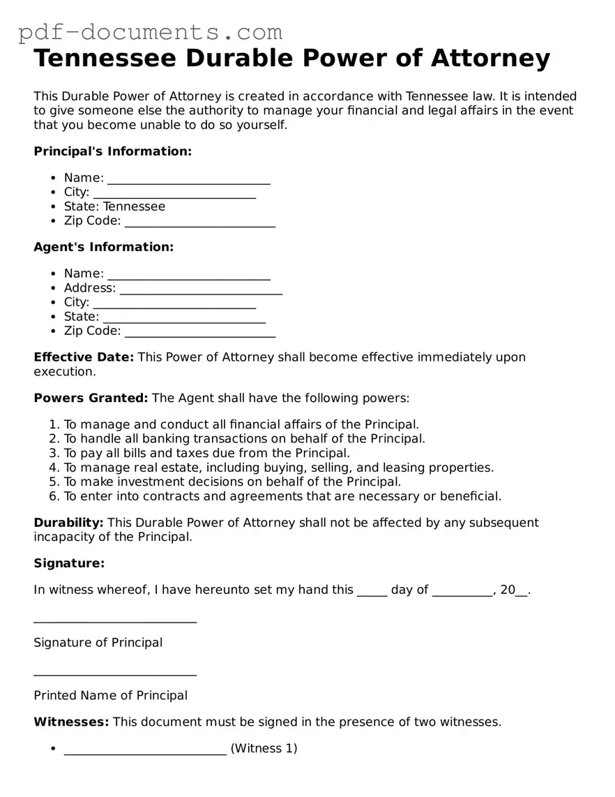 Legal Durable Power of Attorney Template for the State of Tennessee