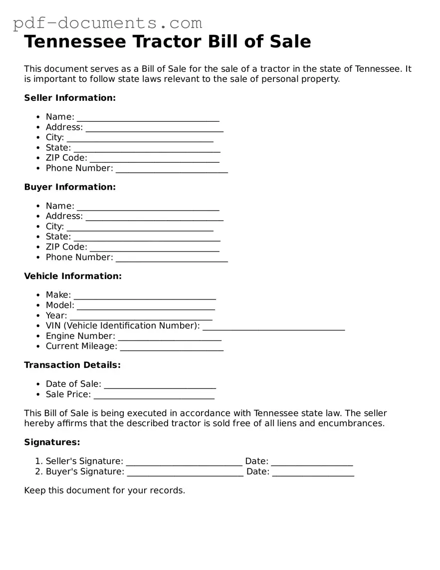 Legal Tractor Bill of Sale Template for the State of Tennessee