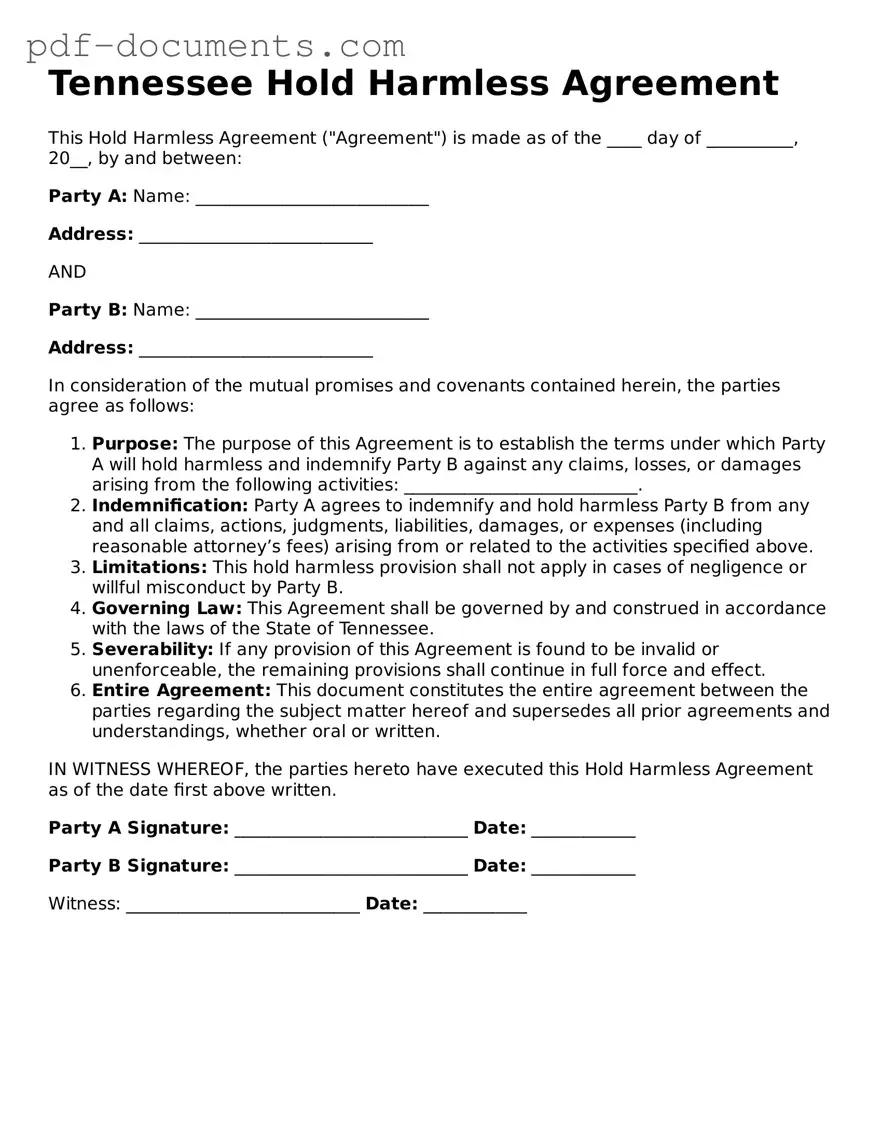 Legal Hold Harmless Agreement Template for the State of Tennessee