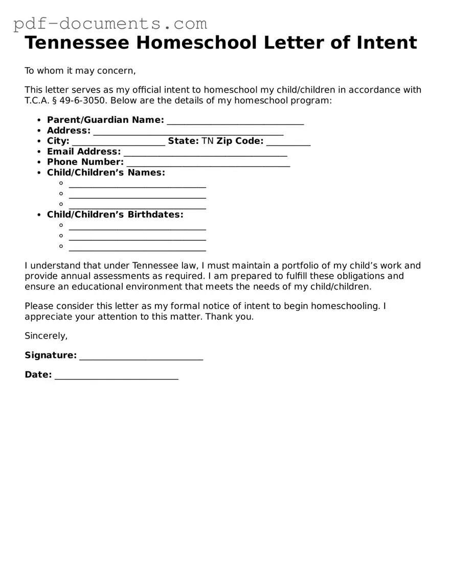 Legal Homeschool Letter of Intent Template for the State of Tennessee
