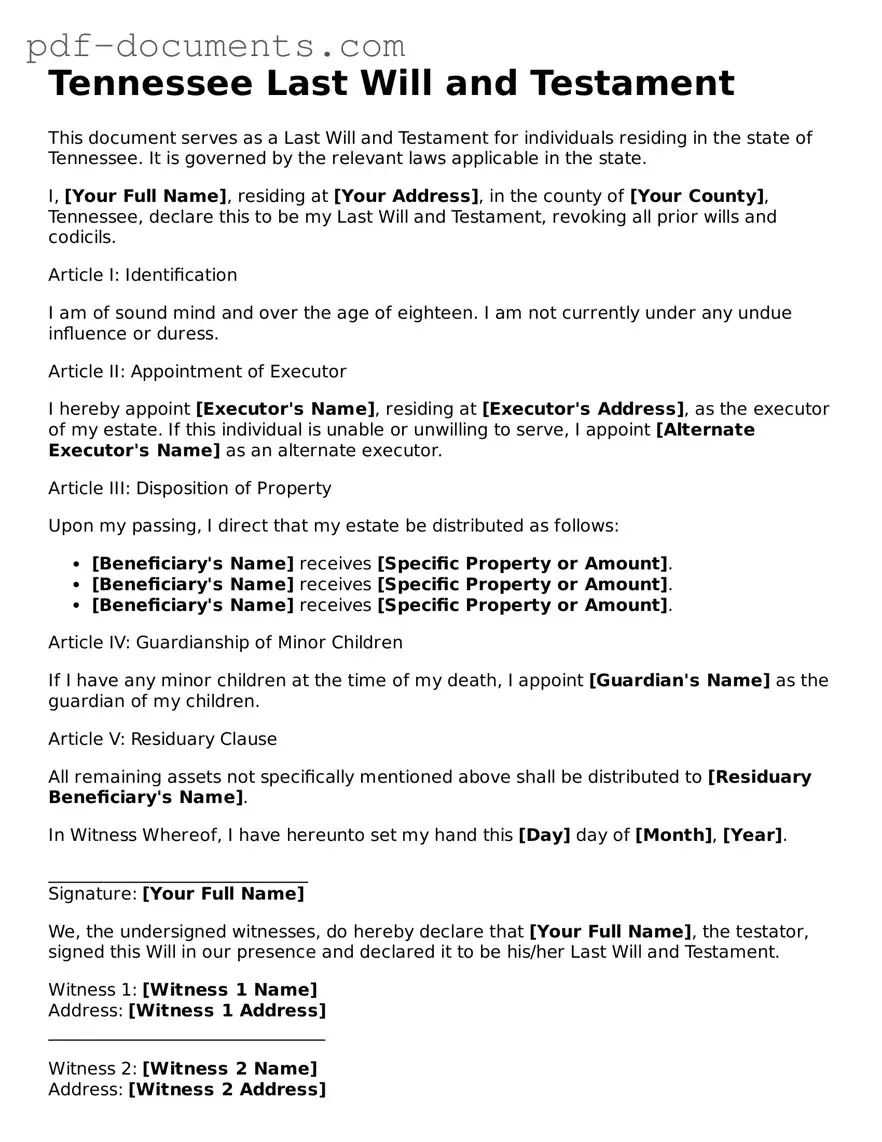 Legal Last Will and Testament Template for the State of Tennessee
